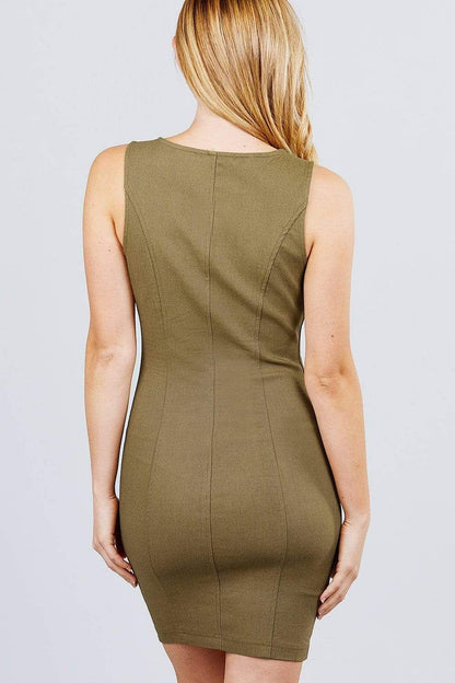 Olive Sleeveless Mini Dress With Front Buttons - Shopping Therapy, LLC 