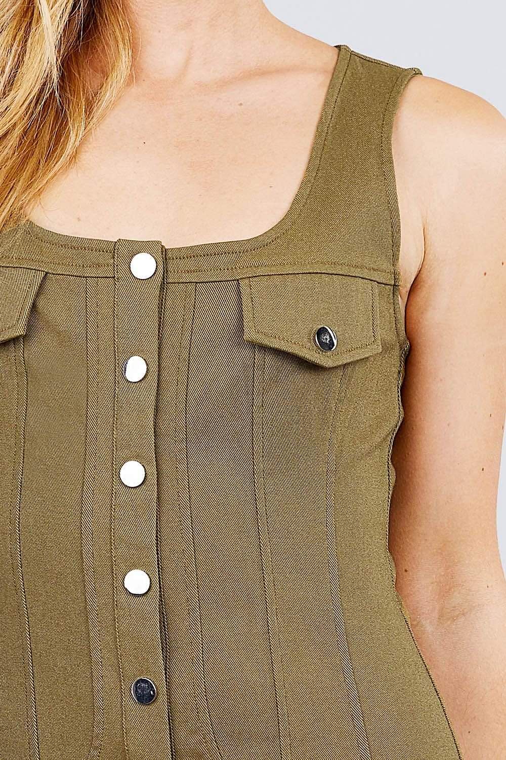 Olive Sleeveless Mini Dress With Front Buttons - Shopping Therapy M