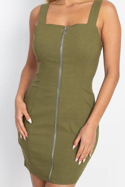 Olive Sleeveless Mini Dress with Front Zipper - Shopping Therapy, LLC 