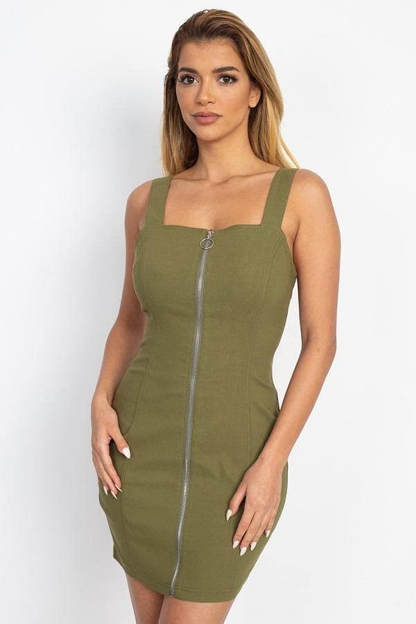 Olive Sleeveless Mini Dress with Front Zipper - Shopping Therapy, LLC 
