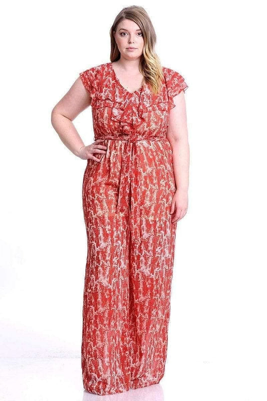 Orange Abstract Print Plus Size V-Neck Jumpsuit - Shopping Therapy, LLC Dress