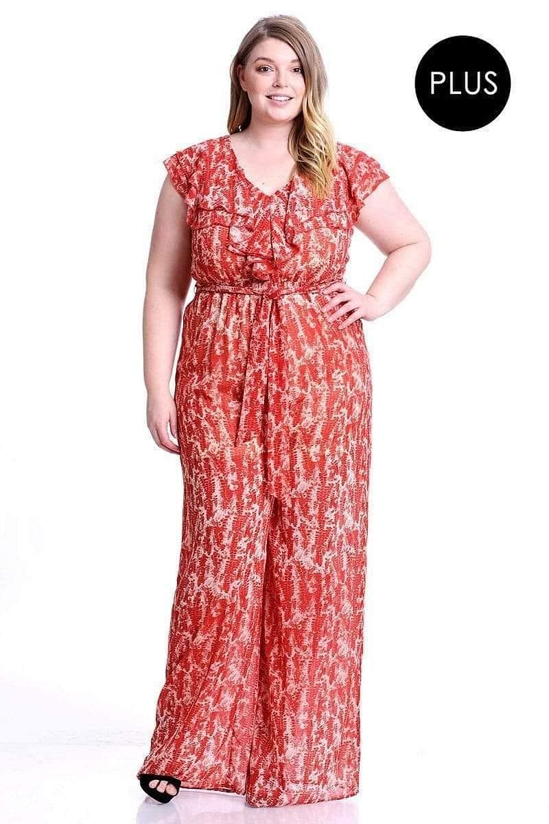 Orange Abstract Print Plus Size V-Neck Jumpsuit - Shopping Therapy 2XL Dress