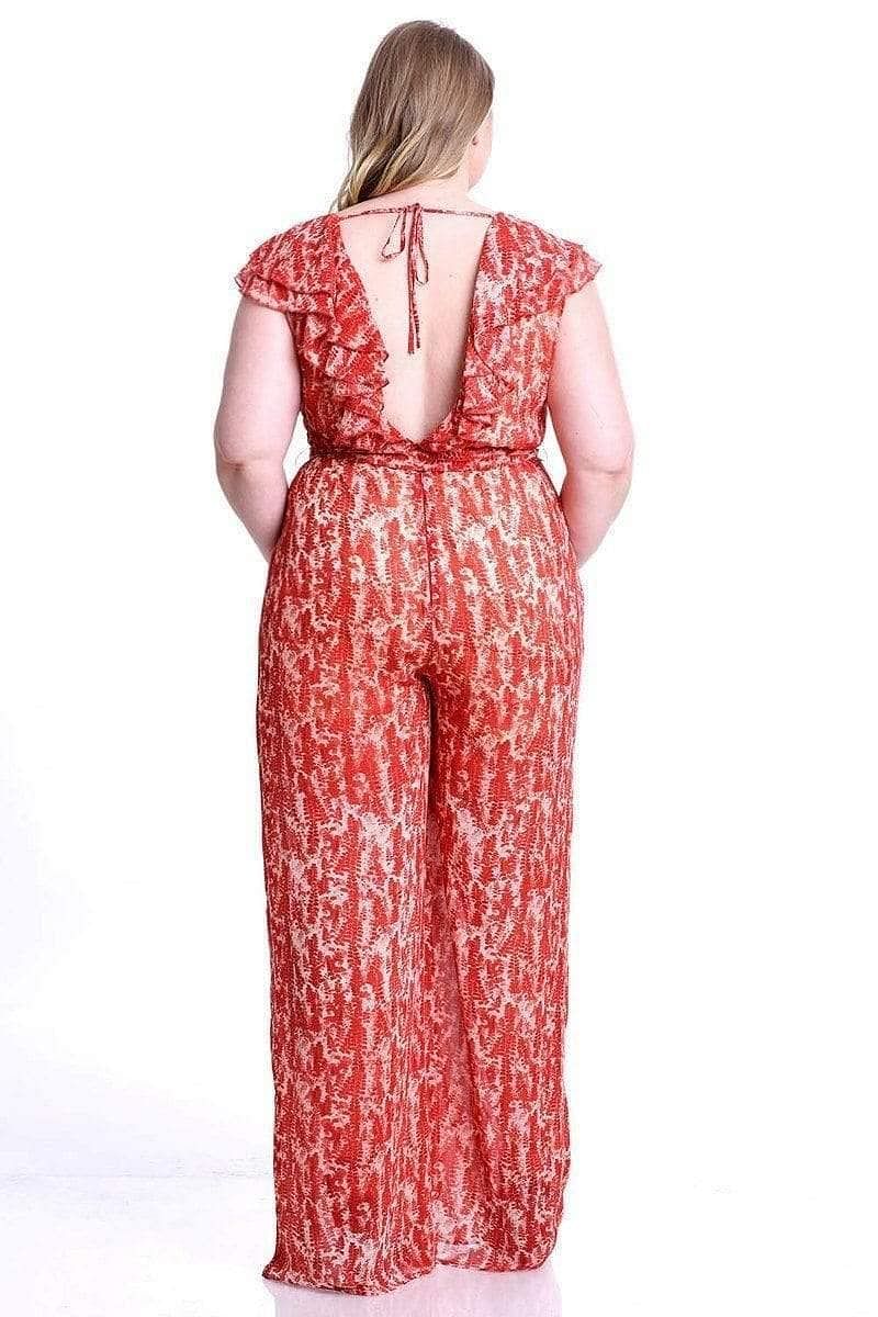 Orange Abstract Print Plus Size V-Neck Jumpsuit - Shopping Therapy 3XL Dress