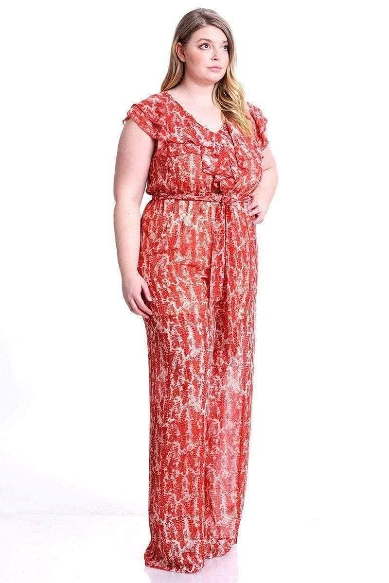 Orange Abstract Print Plus Size V-Neck Jumpsuit - Shopping Therapy Dress