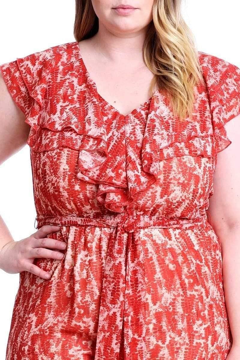 Orange Abstract Print Plus Size V-Neck Jumpsuit - Shopping Therapy Dress