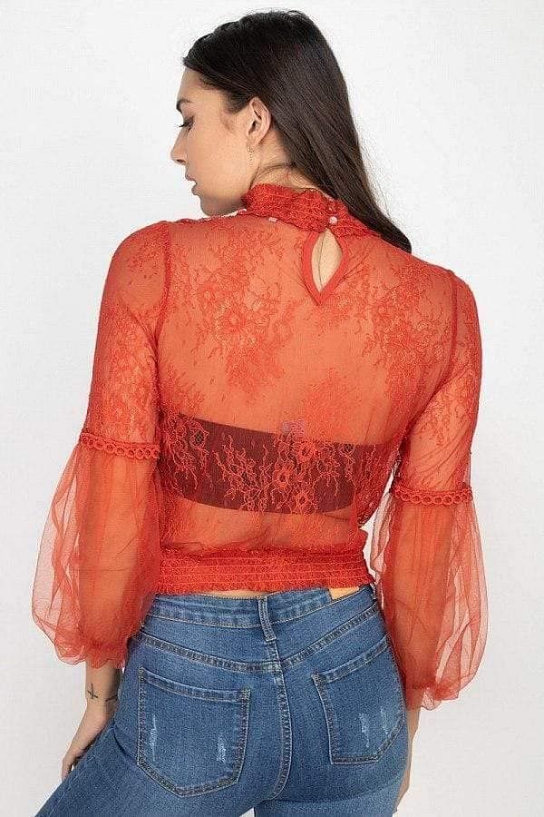Orange Long Sleeve Sheer Lace Crop Top - Shopping Therapy S Shirts & Tops