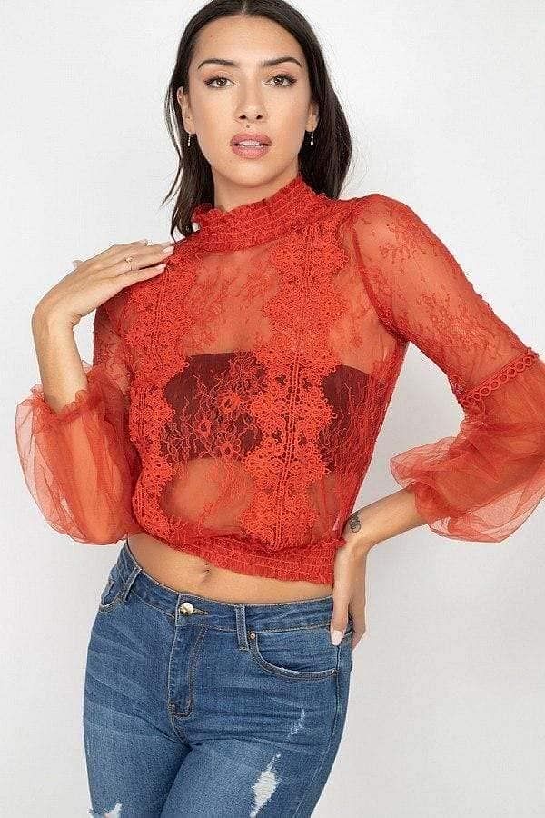Orange Long Sleeve Sheer Lace Crop Top - Shopping Therapy L Shirts & Tops