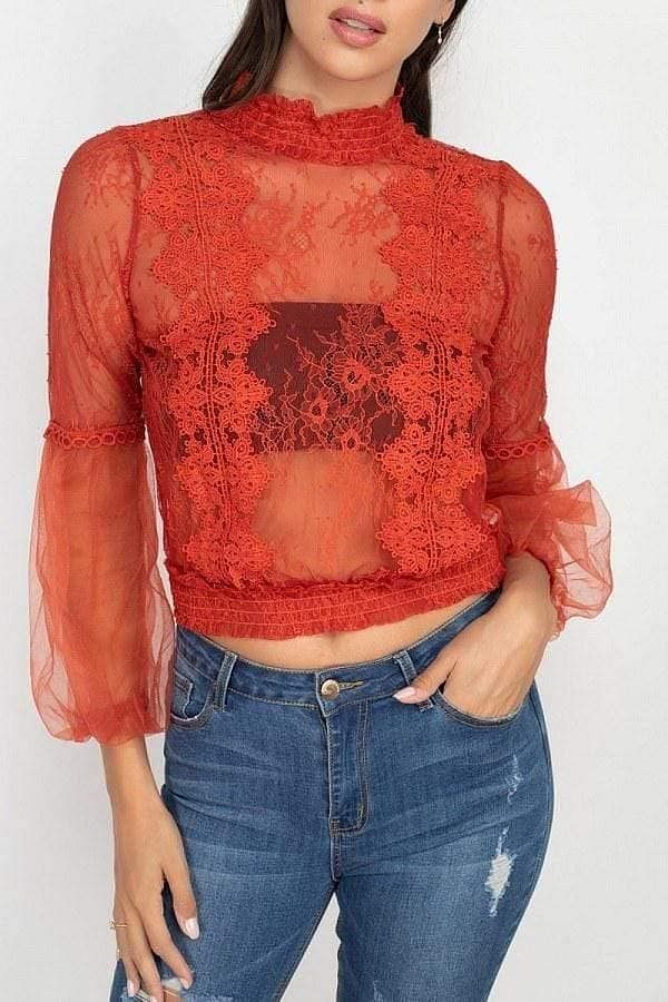 Orange Long Sleeve Sheer Lace Crop Top - Shopping Therapy Shirts & Tops