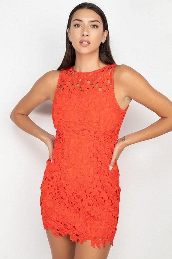 Orange Sleeveless Embroidered Bodycon Dress - Shopping Therapy Dress