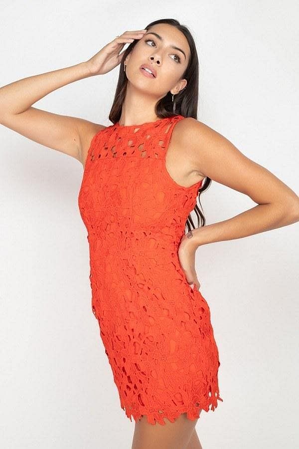 Orange Sleeveless Embroidered Bodycon Dress - Shopping Therapy M Dress