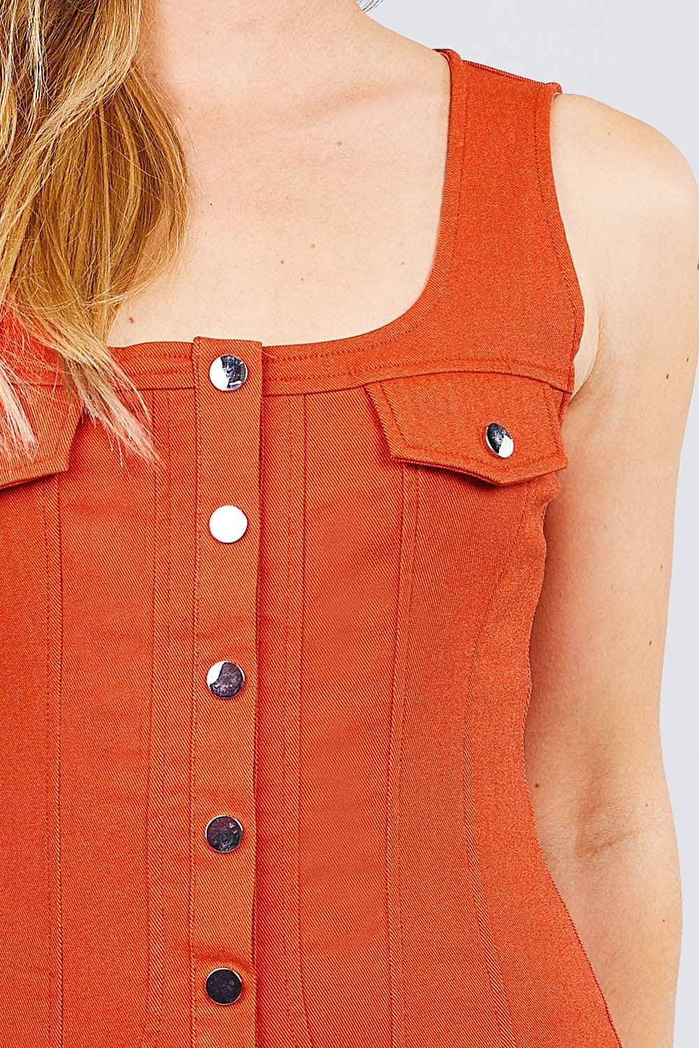 Orange Sleeveless Mini Dress With Front Buttons - Shopping Therapy, LLC Dress