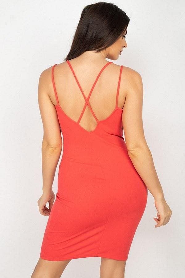 Orange V-Neck Double Spaghetti Strap Dress - Shopping Therapy, LLC Dress