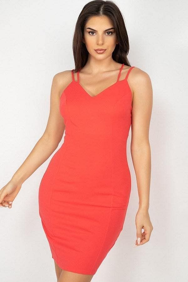 Orange V-Neck Double Spaghetti Strap Dress - Shopping Therapy, LLC Dress
