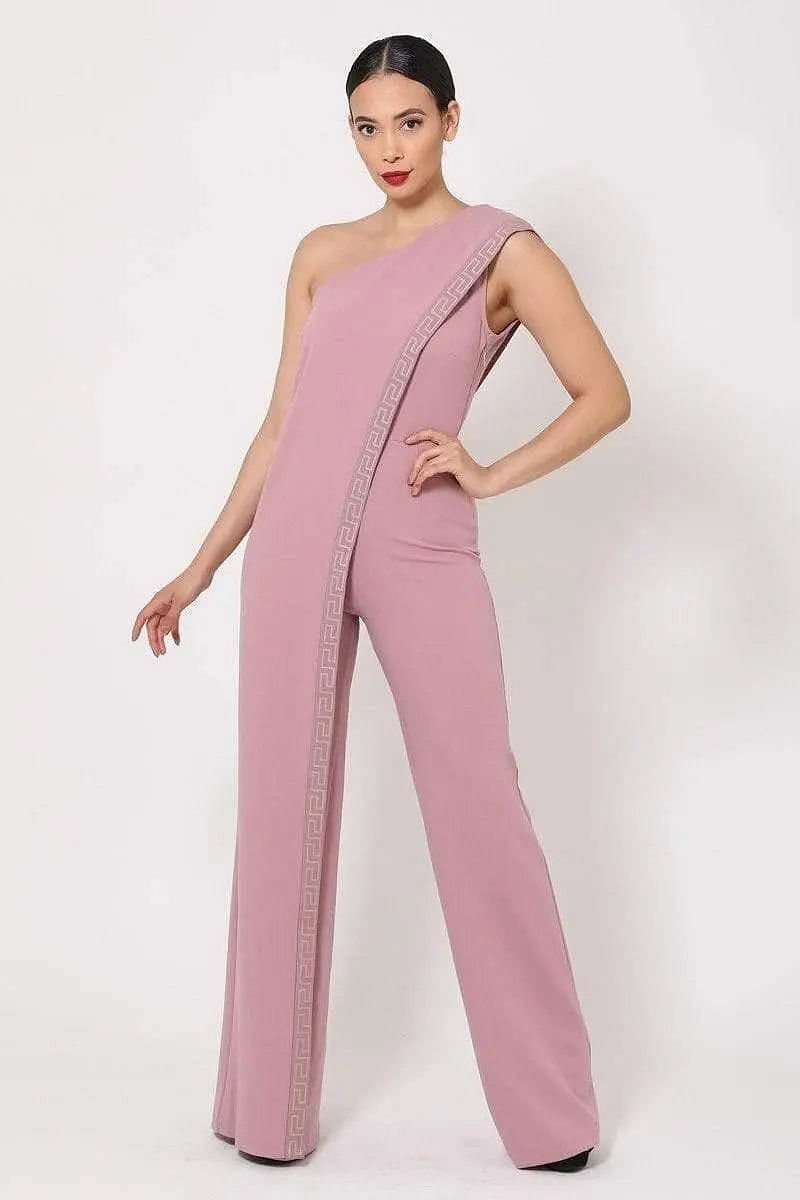 Pale Pink One Shoulder Greek Pattern Border Jumpsuit - Shopping Therapy S Jumpsuit