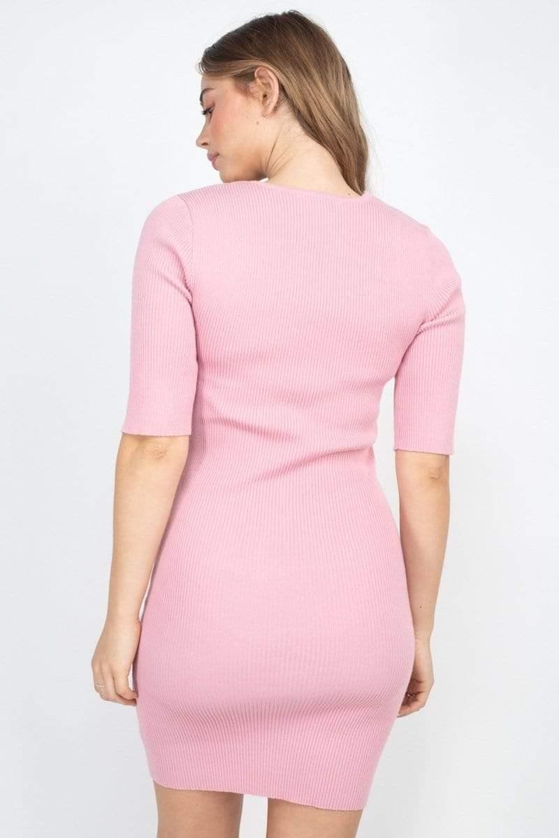 Pink 3/4 Sleeve Knit Mini Dress - Shopping Therapy, LLC Mini Dresses