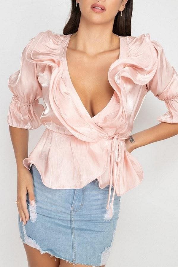 Pink 3/4 Sleeve Surplice Ruffle Top - Shopping Therapy L top