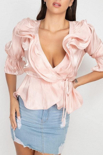 Pink 3/4 Sleeve Surplice Ruffle Top - Shopping Therapy, LLC top