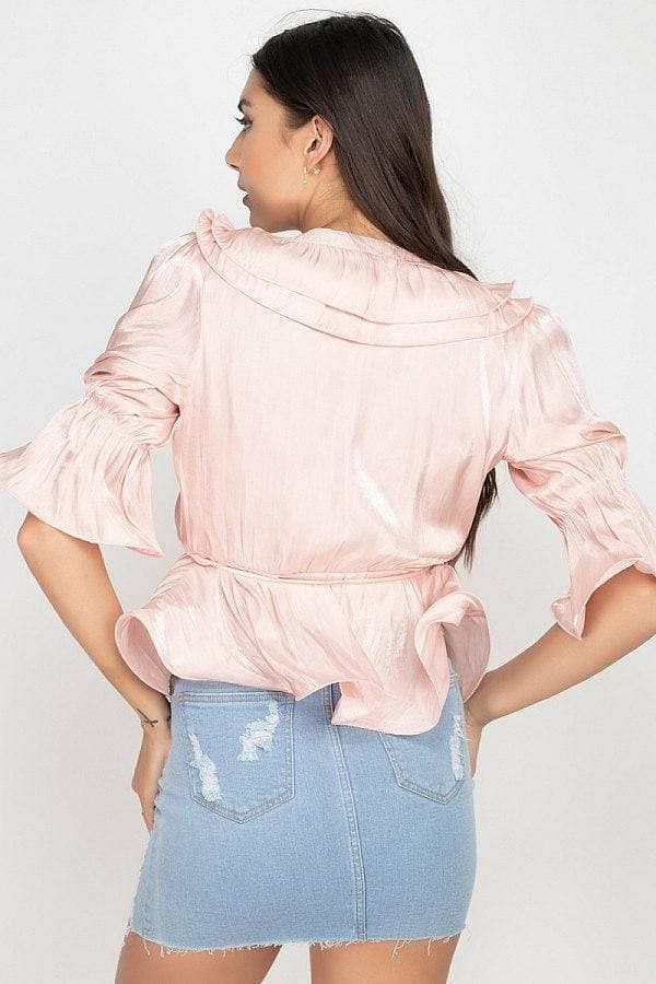 Pink 3/4 Sleeve Surplice Ruffle Top - Shopping Therapy top