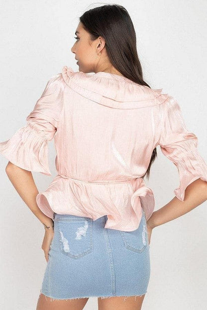 Pink 3/4 Sleeve Surplice Ruffle Top - Shopping Therapy, LLC top
