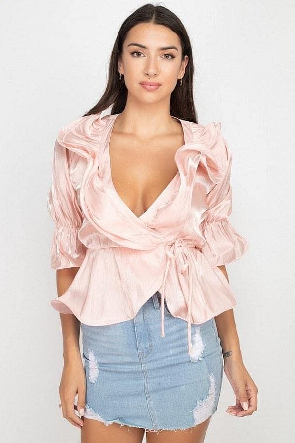 Pink 3/4 Sleeve Surplice Ruffle Top - Shopping Therapy S top