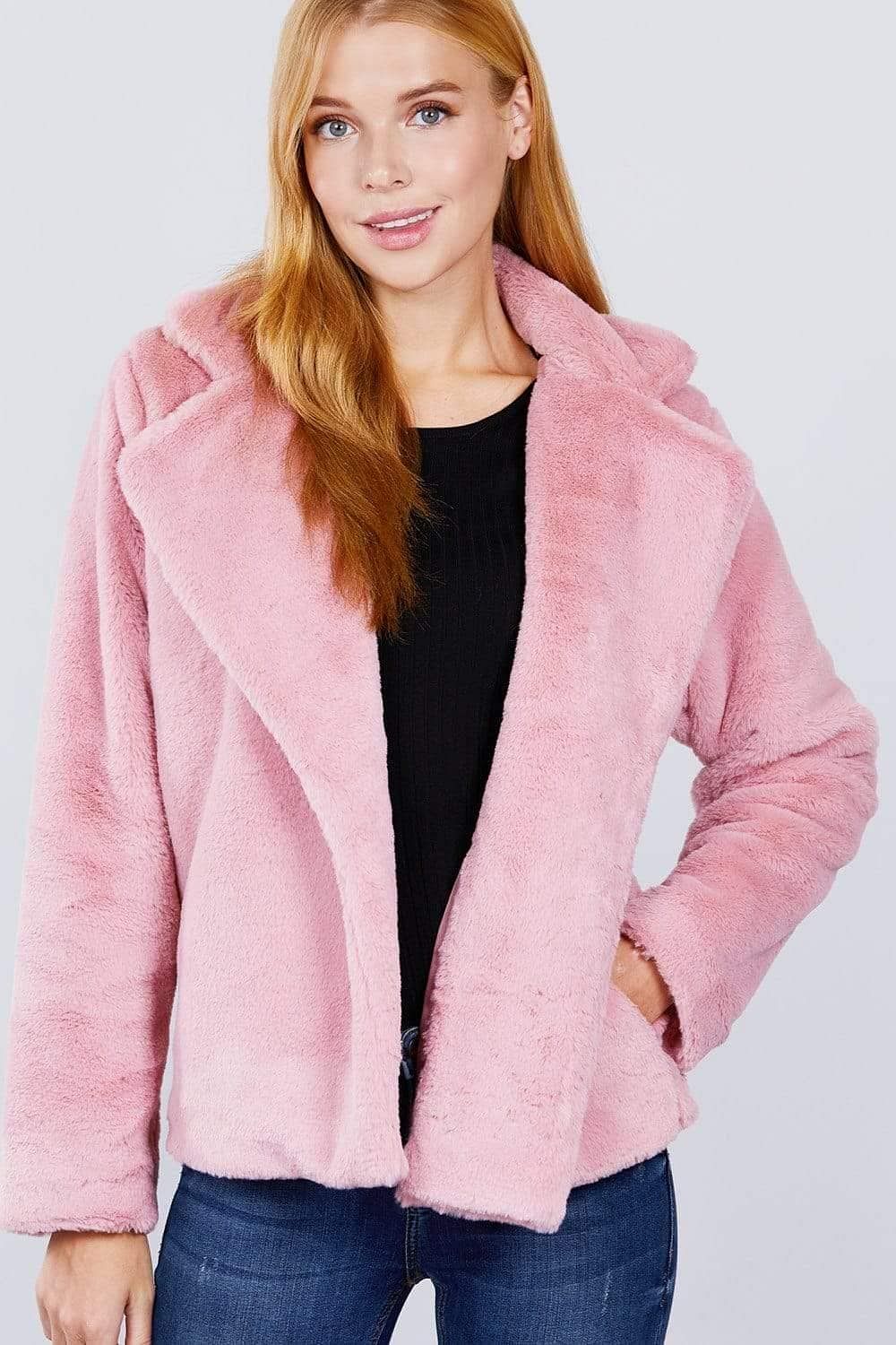 Pink Long Sleeve Faux Fur Jacket - Shopping Therapy, LLC jackets
