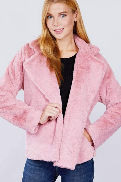 Pink Long Sleeve Faux Fur Jacket - Shopping Therapy, LLC jackets