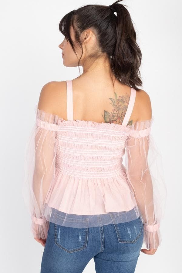 Pink Long Sleeve Off-The-Shoulder Sheer Mesh Top - Shopping Therapy L Top