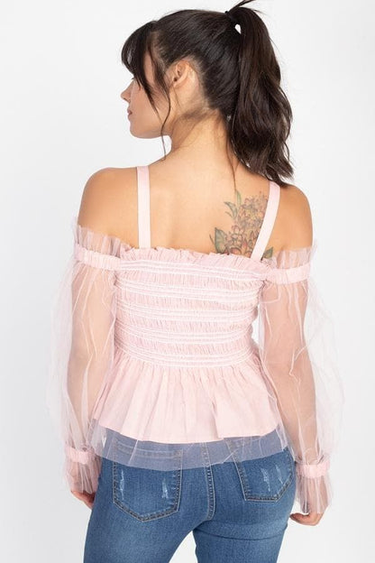 Pink Long Sleeve Off-The-Shoulder Sheer Mesh Top - Shopping Therapy, LLC Top