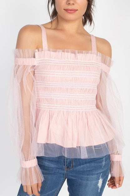 Pink Long Sleeve Off-The-Shoulder Sheer Mesh Top - Shopping Therapy, LLC Top