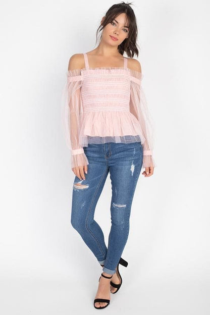 Pink Long Sleeve Off-The-Shoulder Sheer Mesh Top - Shopping Therapy, LLC Top