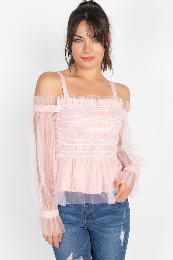 Pink Long Sleeve Off-The-Shoulder Sheer Mesh Top - Shopping Therapy, LLC Top