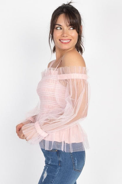 Pink Long Sleeve Off-The-Shoulder Sheer Mesh Top - Shopping Therapy, LLC Top