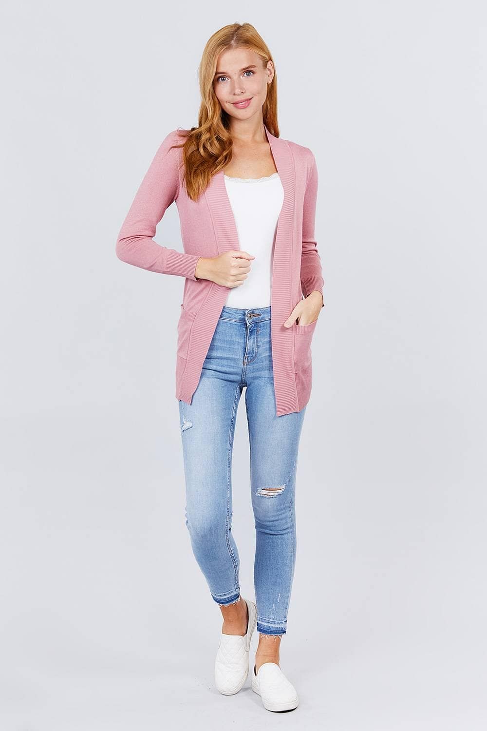 Pink Long Sleeve Open Front Rib Knit Cardigan - Shopping Therapy S Cardigan