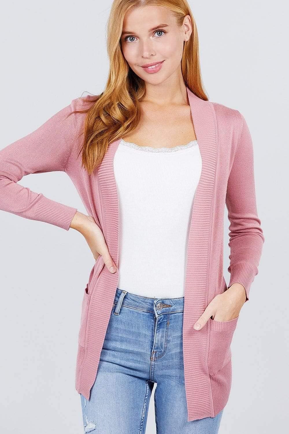 Pink Long Sleeve Open Front Rib Knit Cardigan - Shopping Therapy, LLC Cardigan
