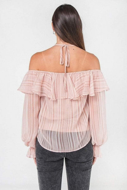 Pink Long Sleeve Woven Off The Shoulder Halter Top - Shopping Therapy, LLC Top