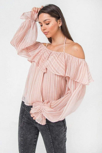 Pink Long Sleeve Woven Off The Shoulder Halter Top - Shopping Therapy, LLC Top