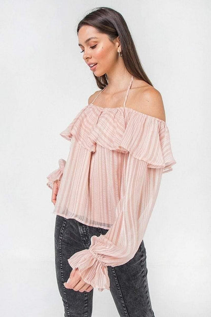 Pink Long Sleeve Woven Off The Shoulder Halter Top - Shopping Therapy, LLC Top