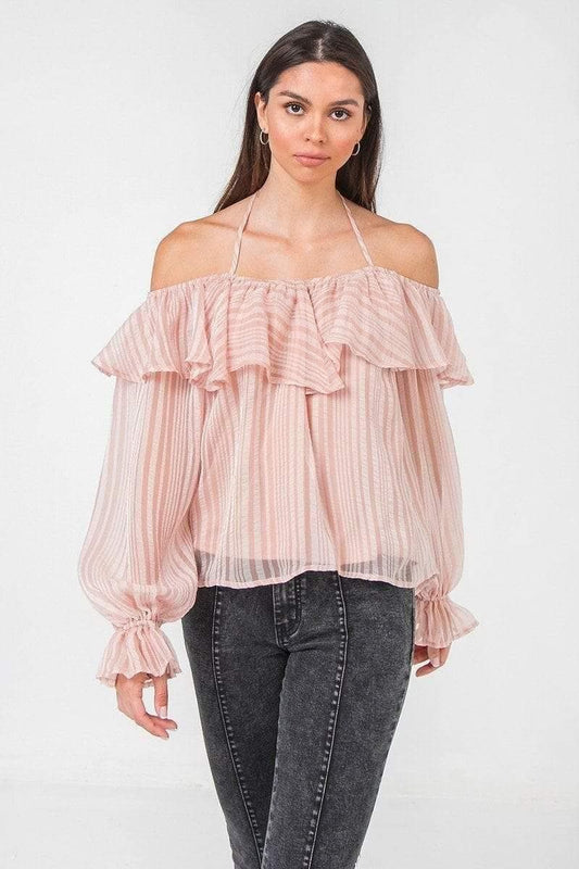 Pink Long Sleeve Woven Off The Shoulder Halter Top - Shopping Therapy, LLC Top