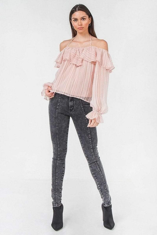 Pink Long Sleeve Woven Off The Shoulder Halter Top - Shopping Therapy, LLC Top