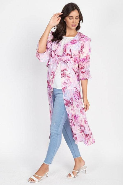 Pink Midi Sleeve Ruffle Cardigan Robe - Shopping Therapy, LLC 