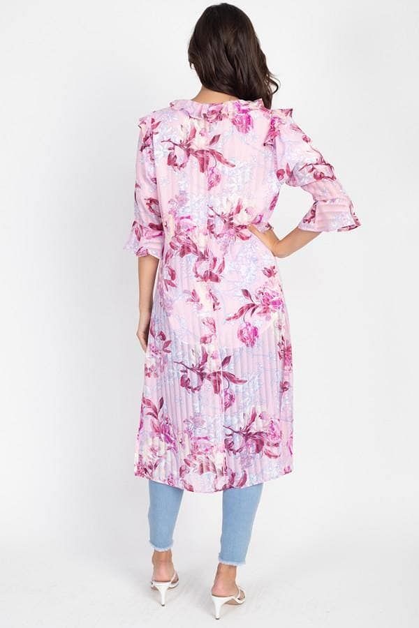 Pink Midi Sleeve Ruffle Cardigan Robe - Shopping Therapy, LLC 
