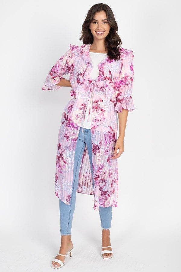 Pink Midi Sleeve Ruffle Cardigan Robe - Shopping Therapy, LLC 