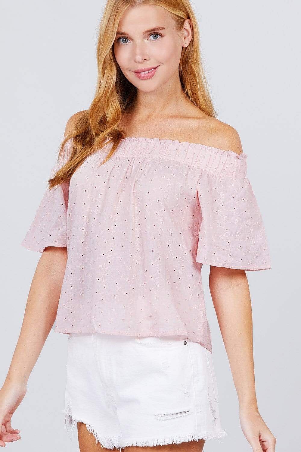 Pink Off The Shoulder Bell Sleeve Eyelet Top - Shopping Therapy, LLC 