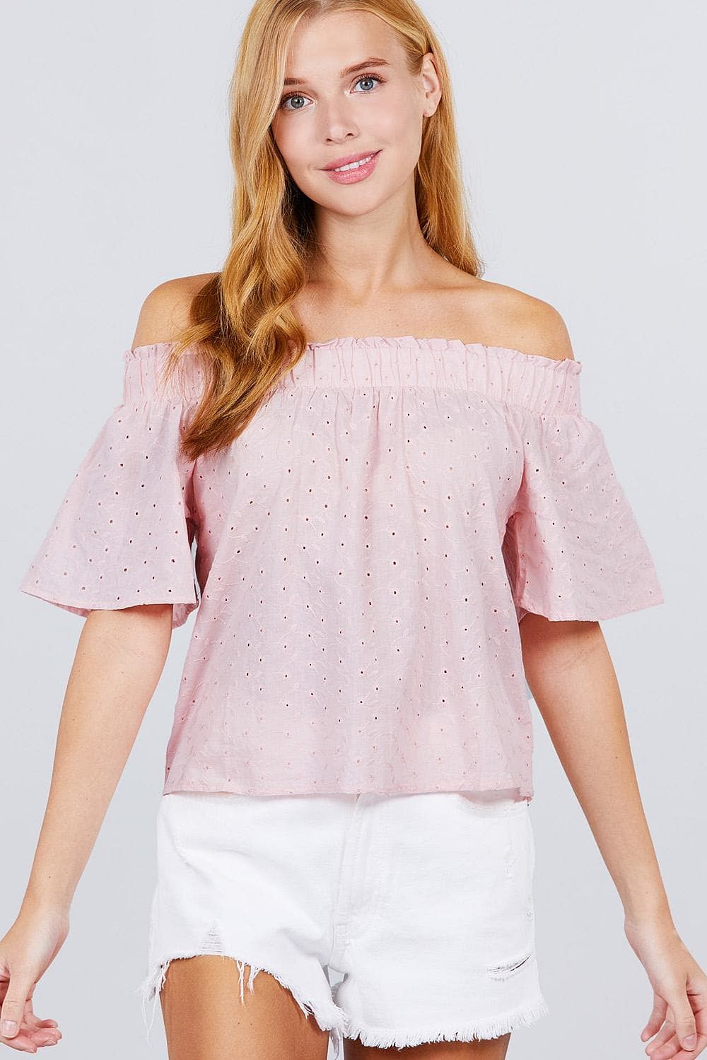 Pink Off The Shoulder Bell Sleeve Eyelet Top - Shopping Therapy, LLC 