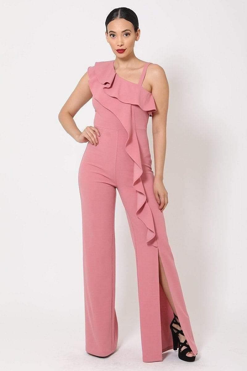 Pink One Shoulder Ruffle Jumpsuit - Shopping Therapy, LLC Jumpsuit