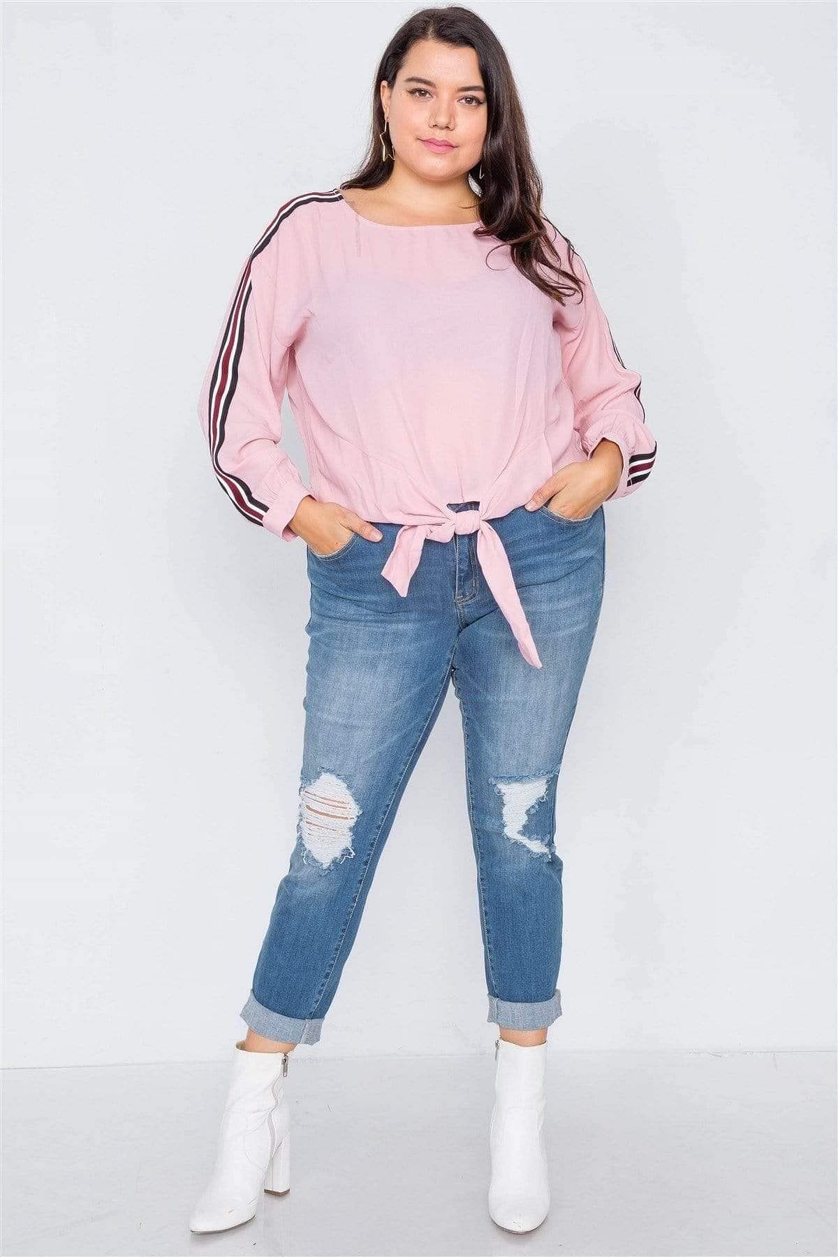 Pink Plus Size Long Sleeve Stripe Top - Shopping Therapy 1XL top