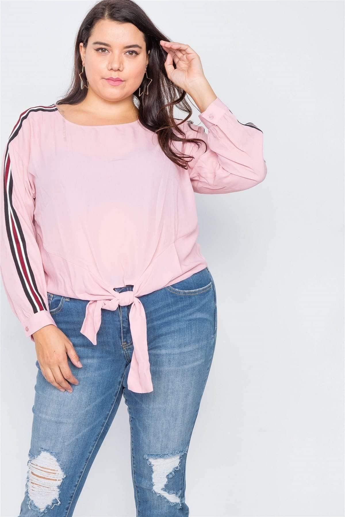 Pink Plus Size Long Sleeve Stripe Top - Shopping Therapy 2XL top