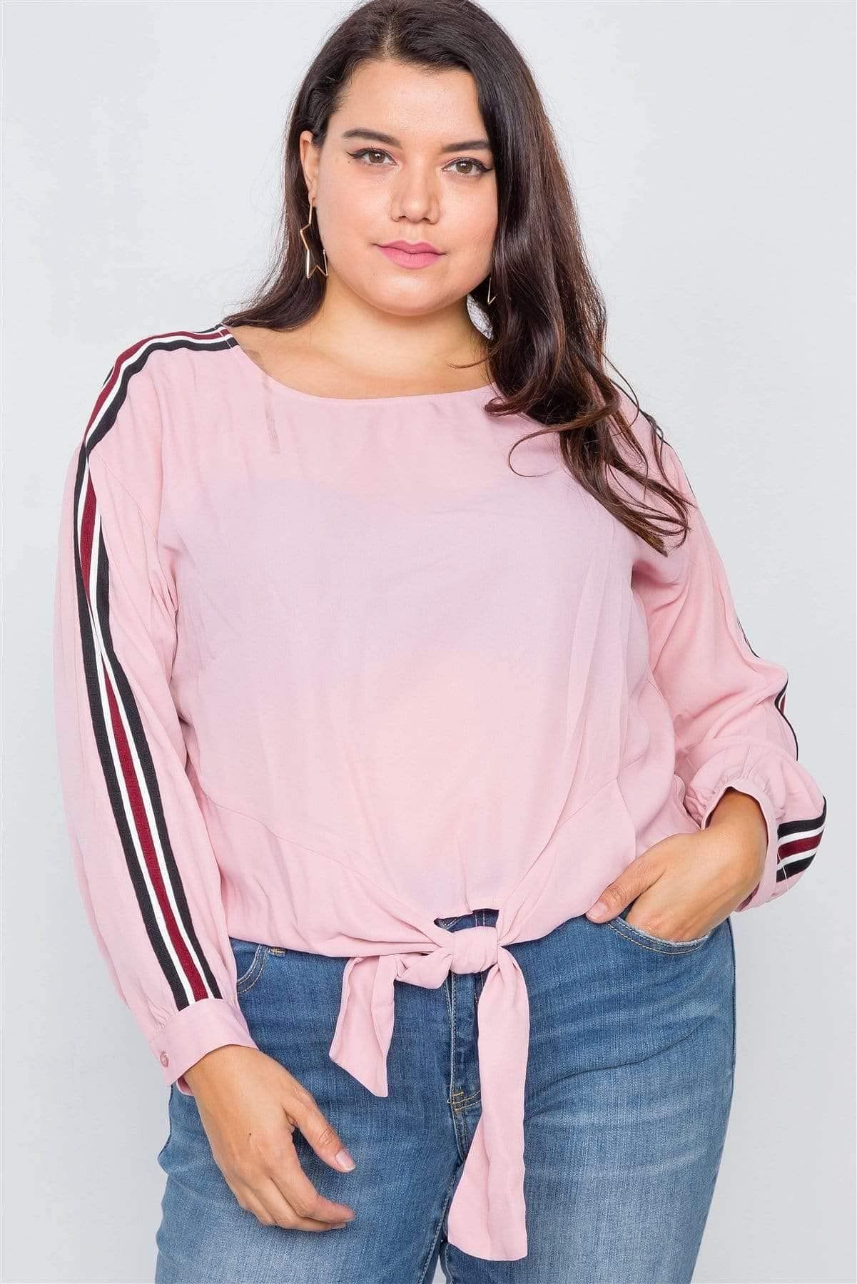 Pink Plus Size Long Sleeve Stripe Top - Shopping Therapy top