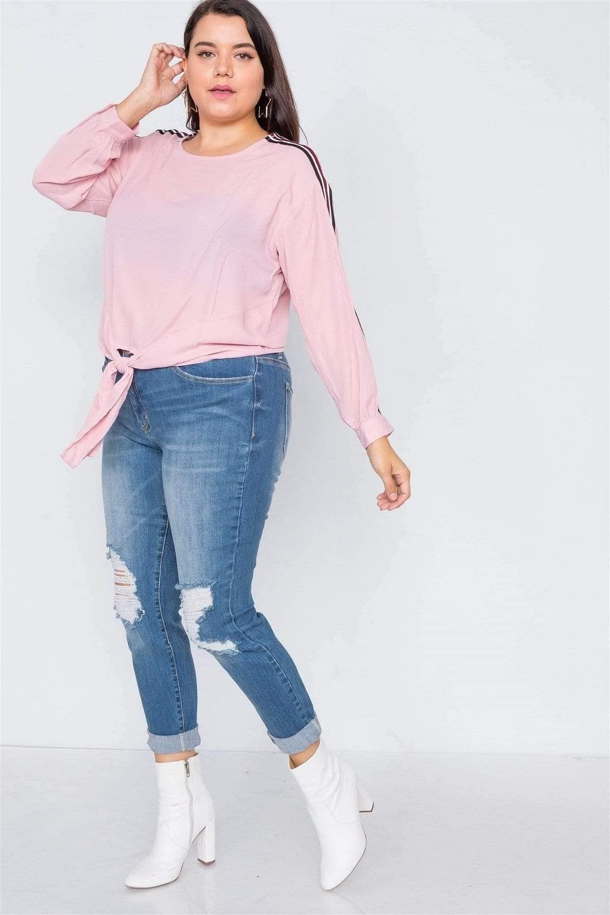 Pink Plus Size Long Sleeve Stripe Top - Shopping Therapy, LLC top