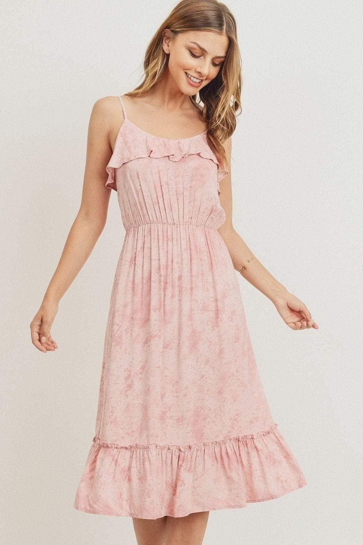 Pink Spaghetti Strap Ruffle Midi Dress - Shopping Therapy, LLC dress